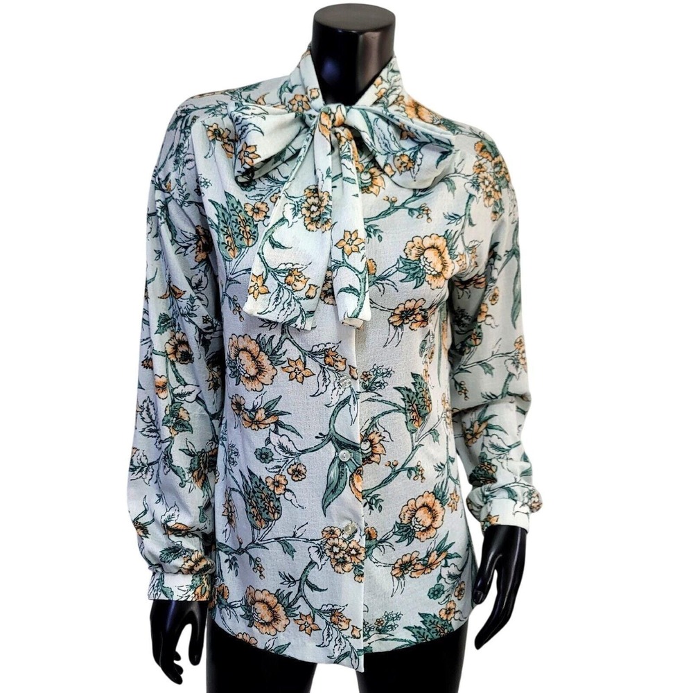 Vintage Aileen Floral Pussycat Bow Blouse Light Blue Orange Green Sz M Retro Top